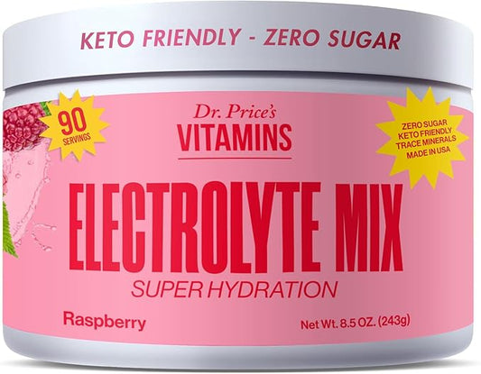 Dr. Price’s Electrolyte Mix | Sugar-Free Hydration Powder with 72+ Trace Minerals | No Sugar, Fast-Dissolving Electrolytes Powder Packets | Raspberry, 90 Servings