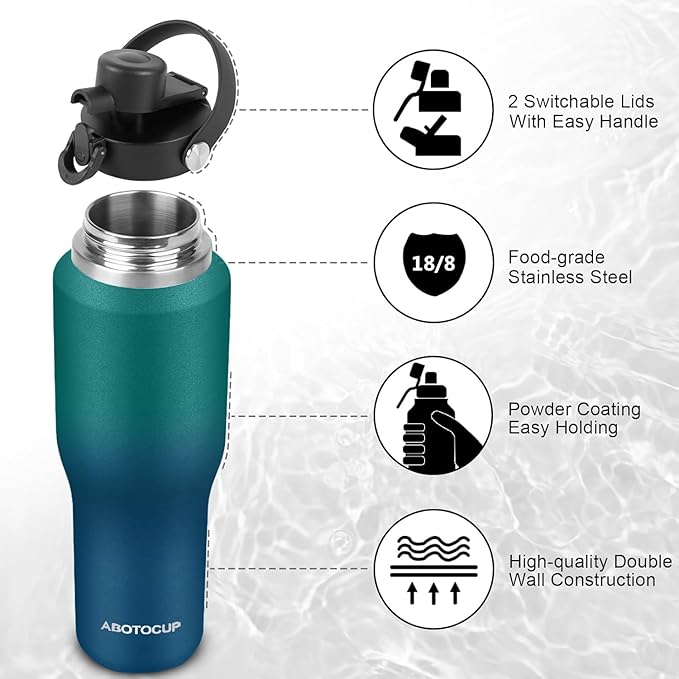 Insulated Water Bottle 32oz with Straw/Spout Lids, Stainless Steel Water Bottles Keep Cold 24h&Hot 12h, Metal Water Bottle with Straw that Fits in Cup Holder, Water Bottle Leak-proof,BPA Free