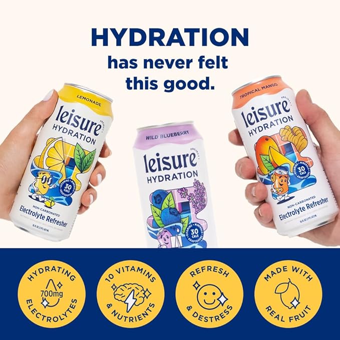 Leisure Hydration Non-Carbonated Electrolyte Refresher, Variety Pack - Low Sugar Nutrient Enhanced Water Beverage - Get The Best Hydration Packed w/ Magnesium & Ashwagandha For Mood & Stress Support, Non-GMO, 16 oz (12-Cans)