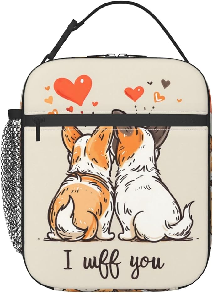 Cute Corgi Dog Pattern Insulated Lunch Box Gifts for Couples Kids Adults Romantic Heart Print Reusable Portable Lunchbox Cooler Lunchbag for Work Picnic School Travel or Hiking