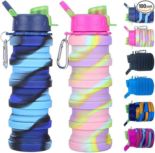 Collapsible Silicone Bottles 2 Pack - Expandable 500ml Portable Sport Bottles with Carabiner for Travel & Camping (Blue Camo + Pink Camo)