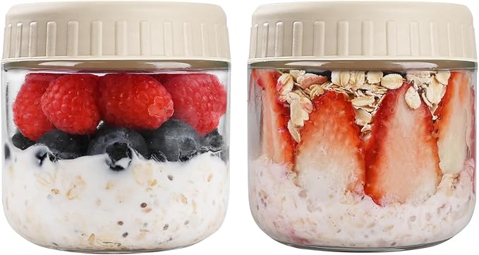 Overnight Oats Containers with Lids, 10oz Glass Jars with Lids 2 pcs, Apricot, Wide Mouth Mason jars for Salad, Yogurt, Snacks, Meal Prep