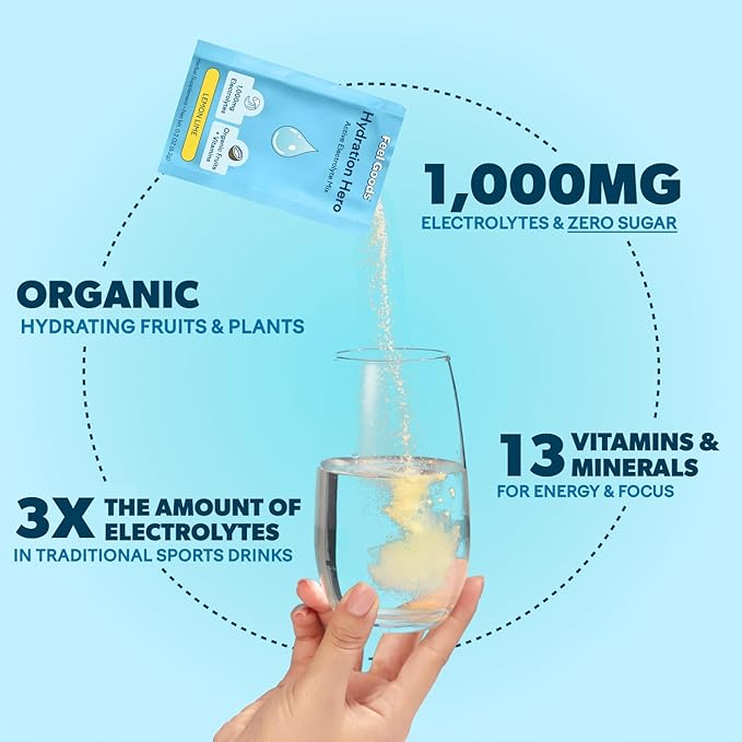 Feel Goods Hydration Hero, 1,000mg Electrolytes Powder, Sugar Free, Magnesium, Organic Aloe Vera, L Theanine, Vitamin C & B12, Keto, Vegan, Electrolyte Packets, Blue Raspberry, 15 Count