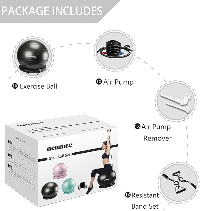 Exercise Ball Chair with Resistance Bands, Yoga Ball Office Chair with Stability Base for Home Gym, Workout Ball for Fitness, Large Size 65 cm