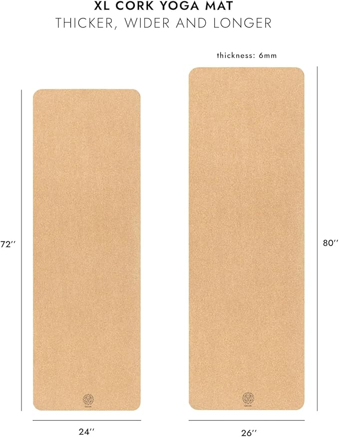 Cork Yoga Mat with Natural Rubber Base, Extra Size, Thickness and Support, Excellent Cushion & Grip, Non-Slip, Non-Toxic, Sweat-Resistant, Sustainable, Eco-friendly Exercise Mat