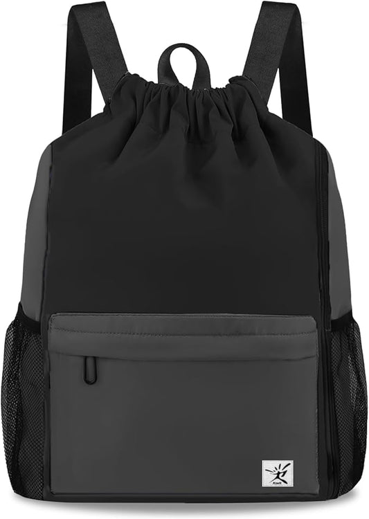 Drawstring Backpack with Mesh Pockets String Gym Bag Sackpack Sandproof Water Resistant Beach Backpack for Men Women