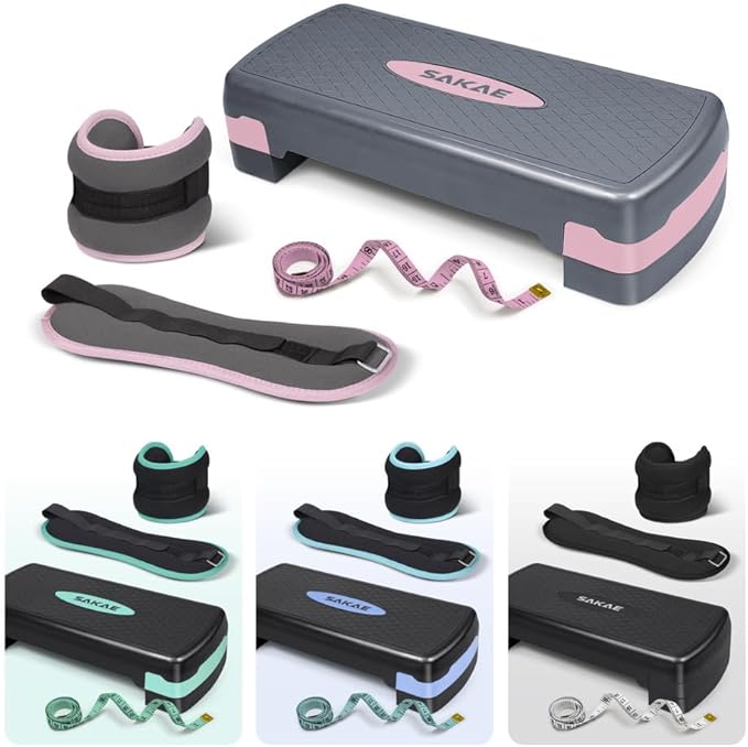 SAKAE Exercise Step Platform Set with Ankle Weights & Measuring Tape, Adjustable Height 2 Level Risers Workout Step Trainer, Aerobic Steppers for Home Gym Exercise Fitness Workout, Multiple Colors