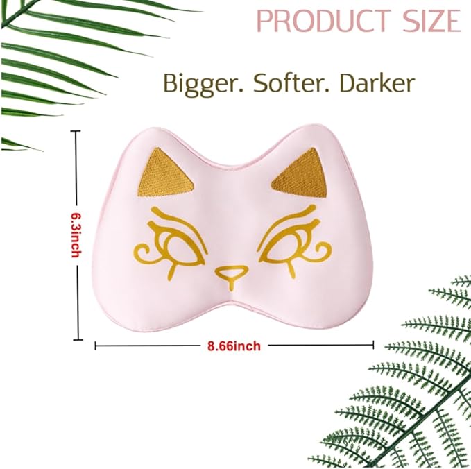 Silk Sleep Mask Blindfold Eye Mask for Sleep Cute Cat Print Embroidered Eye Cover Adjustable Oversized Egyptian Bastet with Gift Box&Pouch（Hathor Blush-Adjustable Strap）