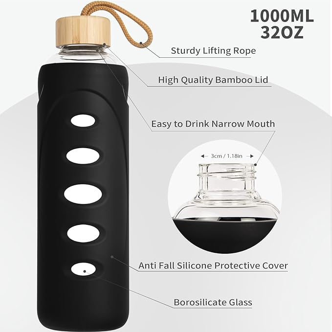 Sport 32oz Glass Water Bottle 1000ml /1 liter Borosilicate Glass Water Bottle Reusable Waterbottle Jugwith Silicone Sleeve and Unique Lid (Black