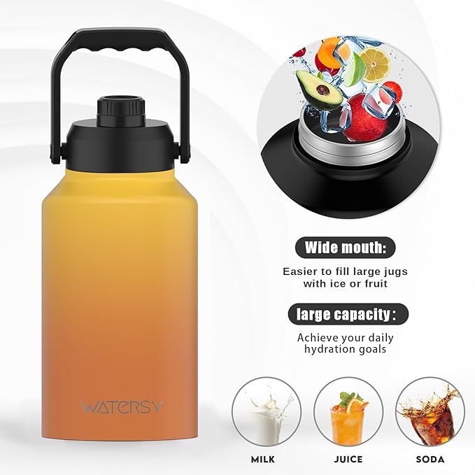 2/3 Gallon Water Bottle Insulated(Cold for 48 Hrs),BPA Free&Leak Proof,87oz Stainless Steel Water Jug/Flask,Big thermo,Large Water Bottle with Handle for Gym,Hiking,Camping,Yellow
