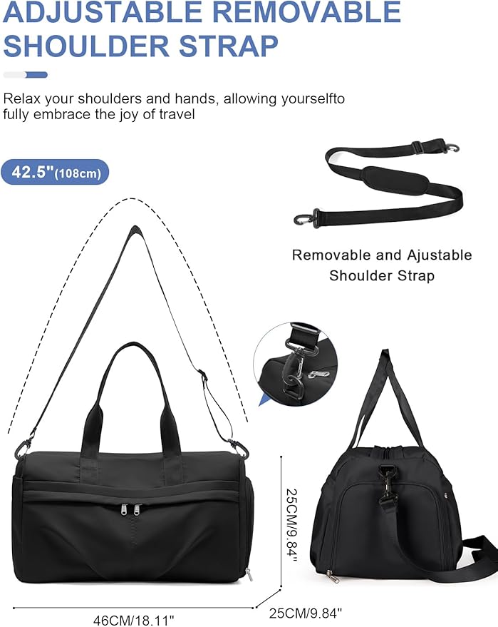 Gym Bag for Women Men with Shoe Compartment, Sport Duffel Bag, Waterproof Travel Weekender Overnight Carry on Bag for Yoga, Black