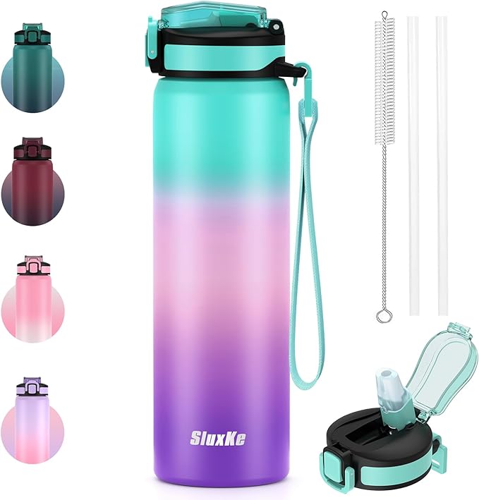 24oz Leakproof Vacuum Insulated Water Bottle, Ideal for Hot or Cold Drinks, Double wall Straw Drinking Bottle, BPA-Free, Prefect for Sport,School, Office, Fitness