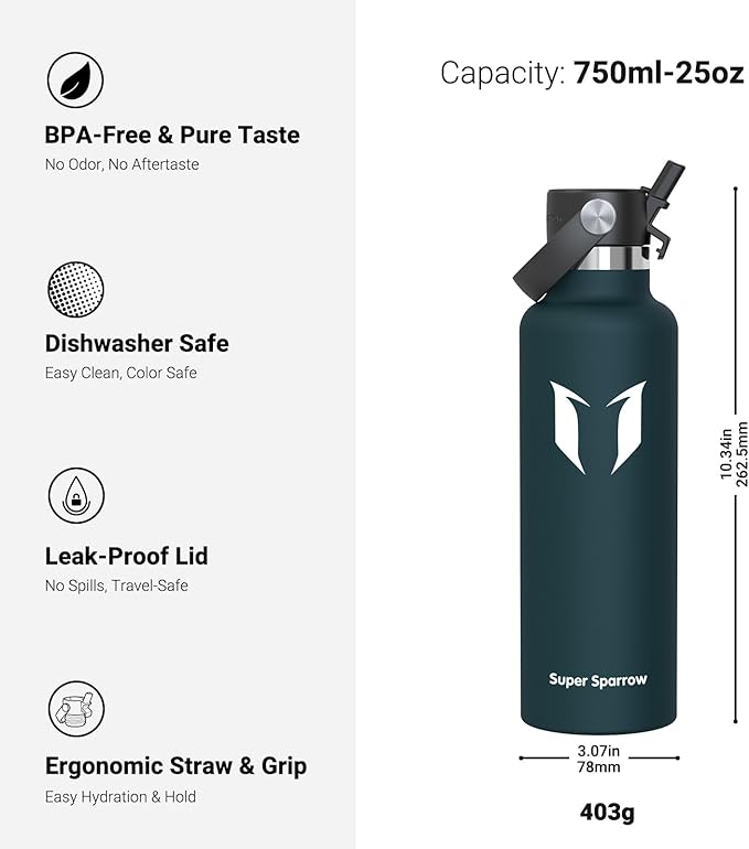 Super Sparrow Insulated Water Bottle - 17 Oz / 25 Oz / 32 Oz - Standard Mouth FlipFlow Flask - BPA Free, Leak Proof Drink Bottle- Ergonomic Straw Water Bottles for Work, Gym, Travel, Sports