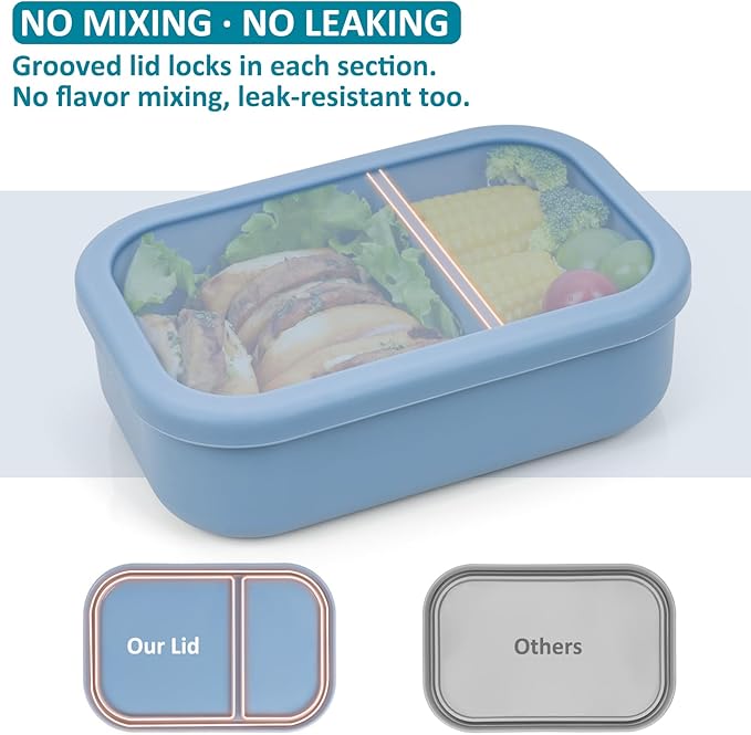 100% Silicone Bento Box Adult with 2 Compartments, 32oz, Reusable Divided Lunch Box Meal Prep Containers for Entree and Side Food Snack Storage, BPA-Free Plastic-Free, Microwave Dishwasher safe, Blue