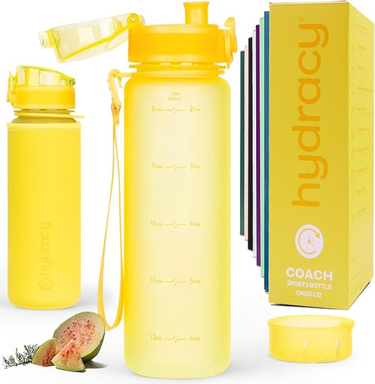 Hydracy Water Bottle with Time Marker -Large BPA Free Water Bottle & No Sweat Sleeve -Leak Proof Gym Bottle with Fruit Infuser Strainer & Times to Drink -Ideal for Fitness Sports & Outdoors