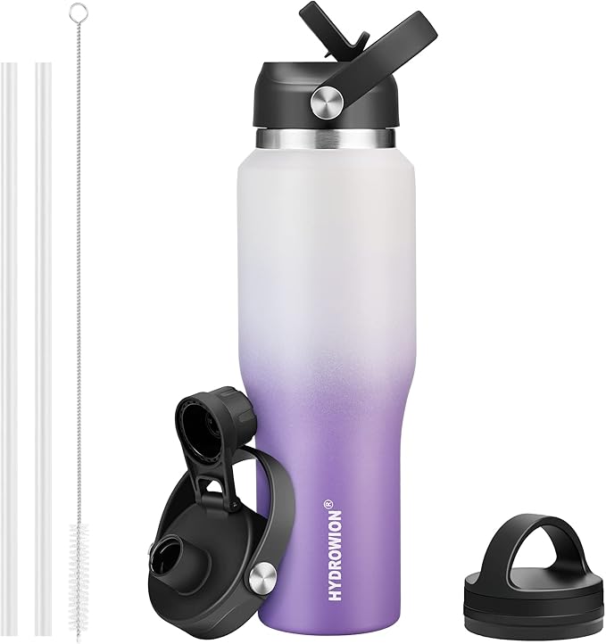 HYDROWION Stainless Steel Water Bottle, 32oz Tumbler Water Flask W/Straw Lid, Spout Lid and Flex Cap, Insulated Water Bottle (Cold for 48 Hrs,Hot for 24 Hrs) Fit in Any Car Cupholder,White&Purple