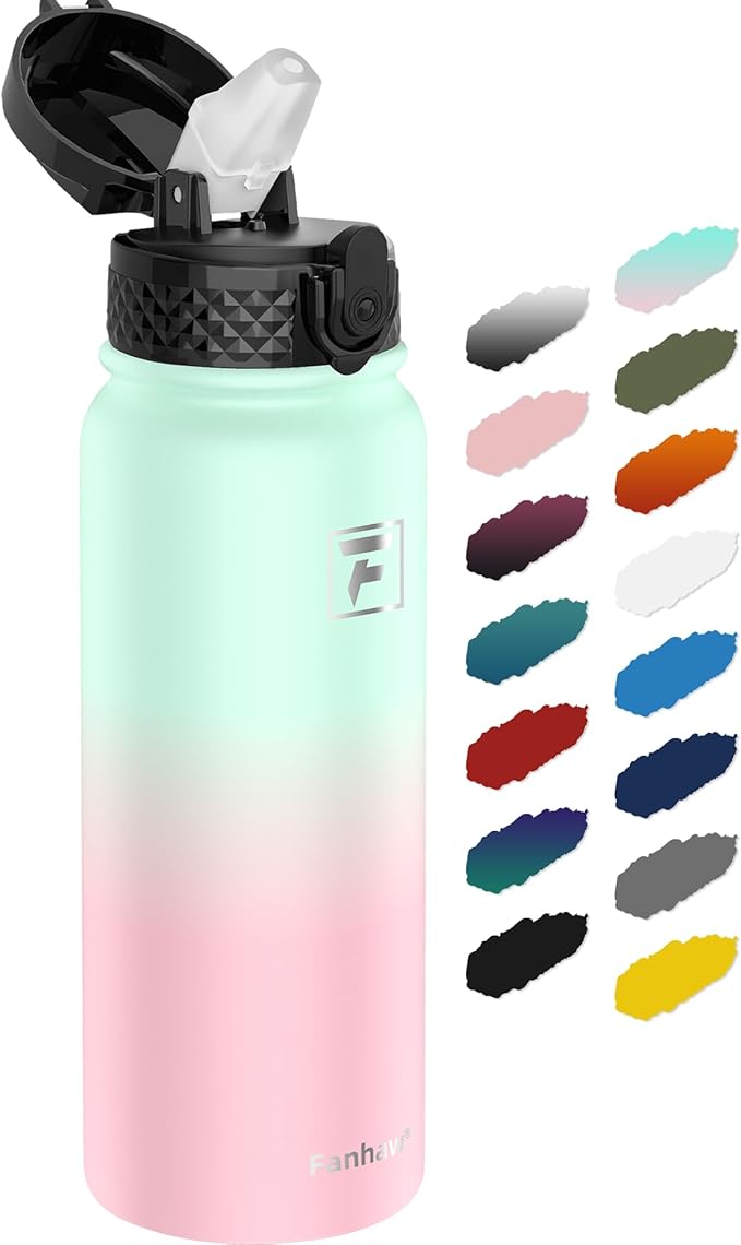 Fanhaw 20 Oz Stainless Steel Insulated Sports Water Bottles with Straw for Kids, Men and Women (Green Pink)