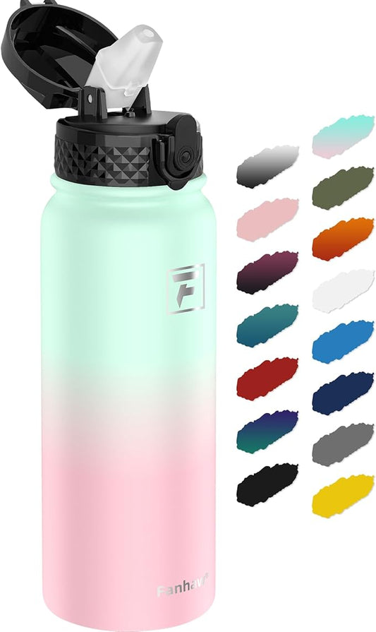 Fanhaw 20 Oz Stainless Steel Insulated Sports Water Bottles with Straw for Kids, Men and Women (Green Pink)