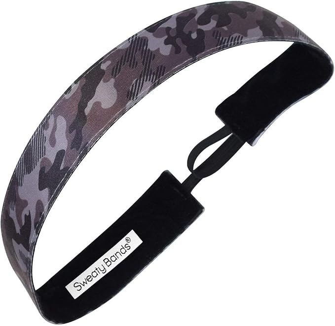 Sweaty Bands Womens Girls Headband - Non-Slip Velvet-Lined Workout Hairband - Booty Camp Camo Black Gray 1-Inch