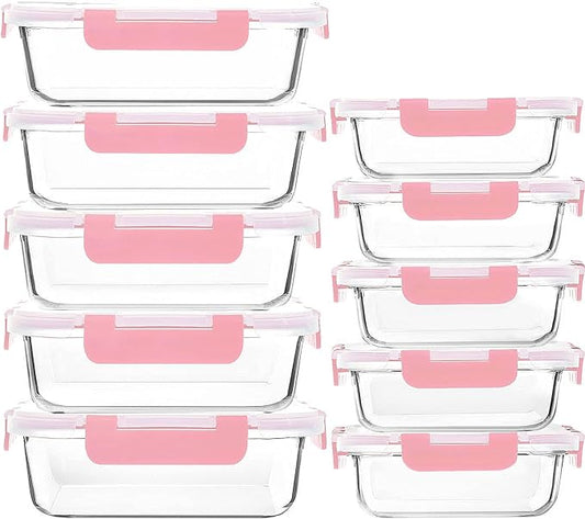 M MCIRCO [10-Pack Meal Prep Containers with Snap Locking Lids, Glass Airtight Lunch, Food Storage Containers, Microwave, Oven, Freezer and Dishwasher Friendly, Pink