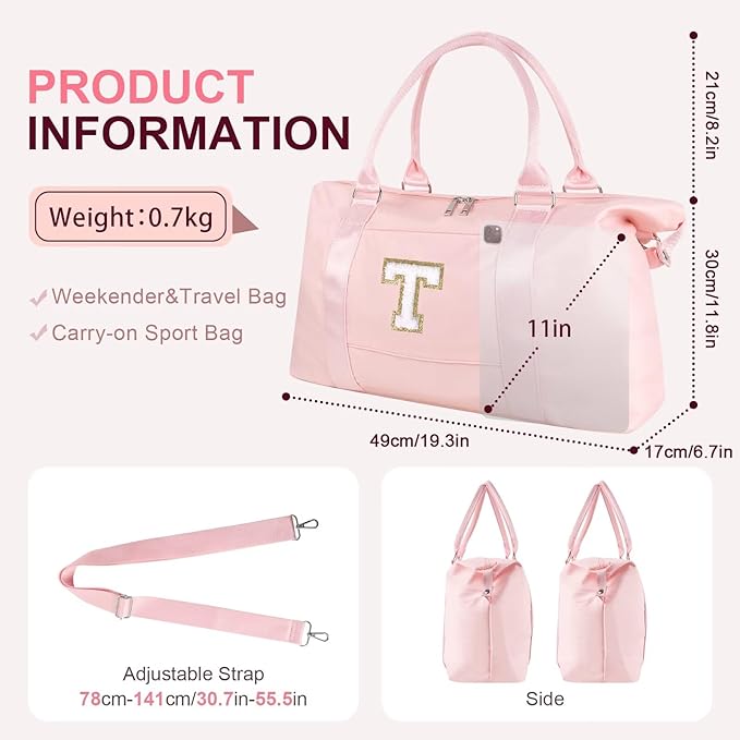 Dance Gym Duffel Bag for Teen Girls, Personalized Initial Travel Weekender Bag,Cute Overnight Carry On Duffle for Women,Sports Travel Cheer Bag,Monogram Christmas Gifts for Tween Preppy(pink-T)