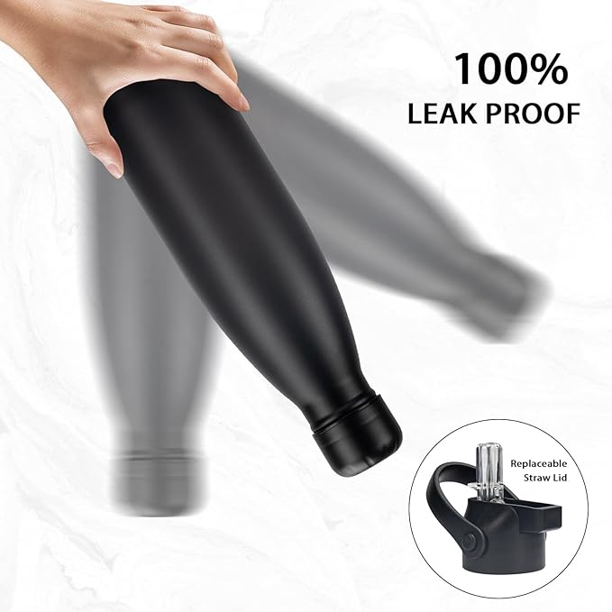 Insulated Water Bottle, 2 Pack-17oz Stainless Steel Water Bottles with straw lid, Metal Sports Water Bottles for Boys,Girls, Double Wall Vacuum BPA-Free Flask for School,Sports & Travel-Black