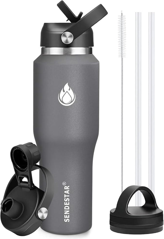 SENDESTAR 40oz Water Bottle Wide Mouth Stainless Steel Vacuum Insulated Double Wall with 2 Straw Lids Fit in Any Car Cup Holder