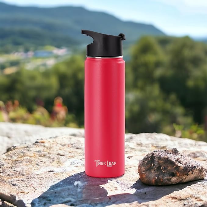 Travel Water Bottle with 3 Lids (Spout, Straw, Flip) Leak Proof, Quality, Vacuum Insulated, Stainless Steel (Red, 22 oz)