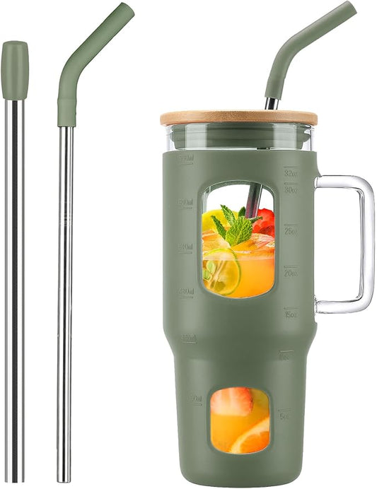 Glass Tumbler with Straw and Lid, 32 oz Glass Cup with Handle, Glass Water Bottles with Time Marker, 2 Straws - Pearl Straw & Drinking Straw Silicone Protective Sleeve-Olive