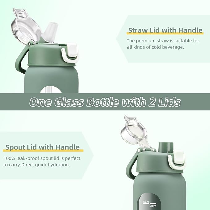 24 oz Glass Water Bottles with 2 Lids-Handle Spout Lid & Straw Lid, Motivational Water Bottle with Time Marker and Silicone Sleeve,Leakproof-Olive-1 Pack