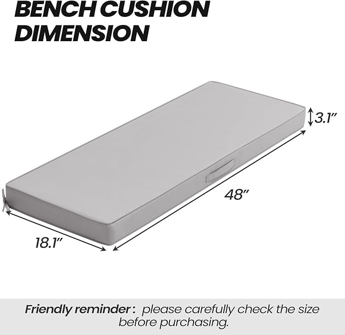 Crestlive Products Outdoor Bench Cushion 48 x 18 Inch, Waterproof Patio Bench Cushions for Outdoor Furniture, Porch Swing Replacement Pad with 30D Foam, Adjustable Straps and Portable Handle, Gray