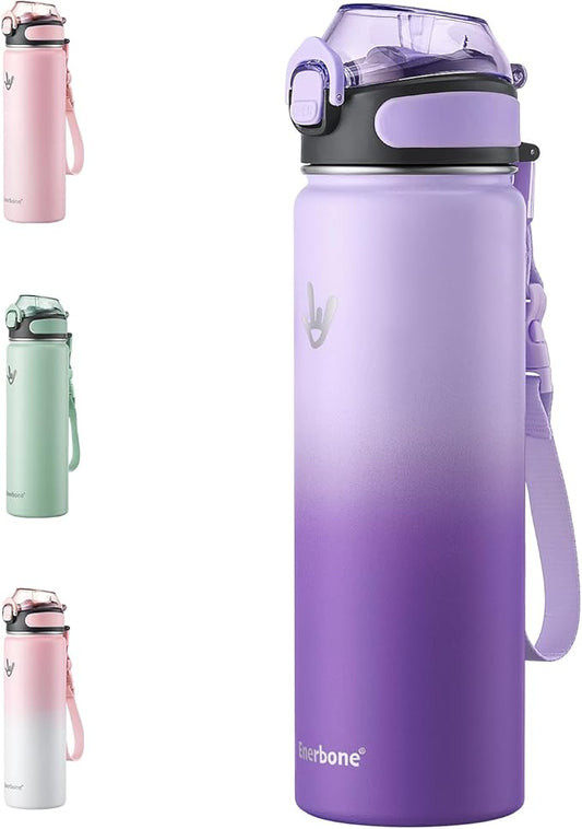 Enerbone 24 oz Insulated Water Bottle, Stainless Steel Bottle with Carrying Strap, Double-Wall Vacuum Insulation Design, Leakproof Sports Bottle with Straw, Keep Drinks Cold or Hot for Hours