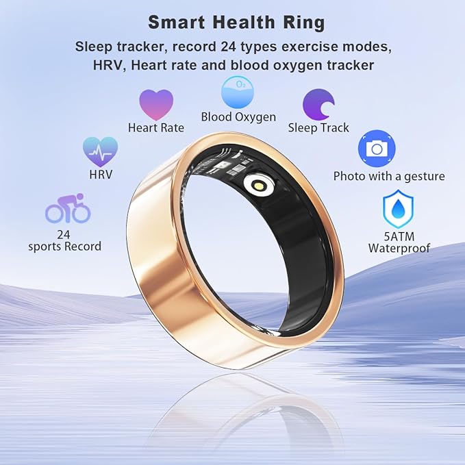 Smart Health Ring for Women Men Fitness Tracker with Heart Rate, Blood Oxygen, HRV, Sleep Monitoring, Step Counting, IP68 for iPhone and Android, No Subscription Fee (Rose Gold, 8#)