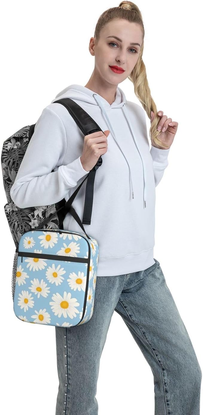 Insulated Lunch Box for Women Men, Blue Daisy Floral Theme Lunch Box Reusable Portable Lunch Bag Cooler Tote Waterproof Lunch Container for Office Picnic Work Travel Hiking