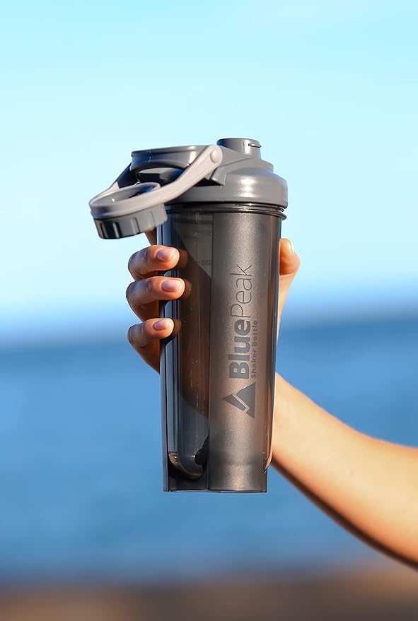 BluePeak Protein Shaker Bottle 28 oz with Twist Cap, Strong Loop Top, BPA Free, Dishwasher Safe, Shaker Balls Included - On-The-Go Large Protein Shakers (3 Pack - Red, Blue, Gray)