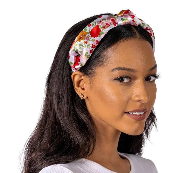 Knotted Headband for Women (Red Floral), Wide Knotted Headband in White Satin with Red and Yellow Floral Pattern