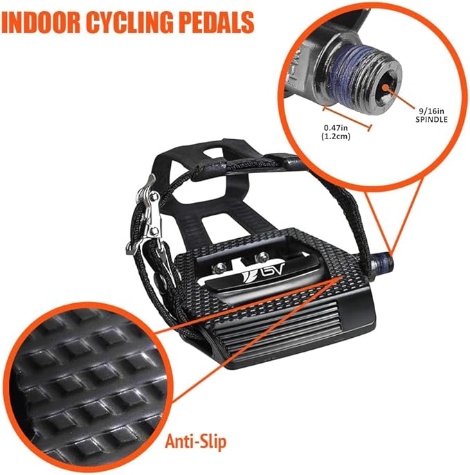 BV Bike Pedals Shimano SPD/Look Delta Compatible 9/16'' with Toe Clips - Peloton Pedals for Regular Shoes - Toe Cages for Peloton Bike - Exercise Bike Pedals - Universal Fit Bicycle Pedal