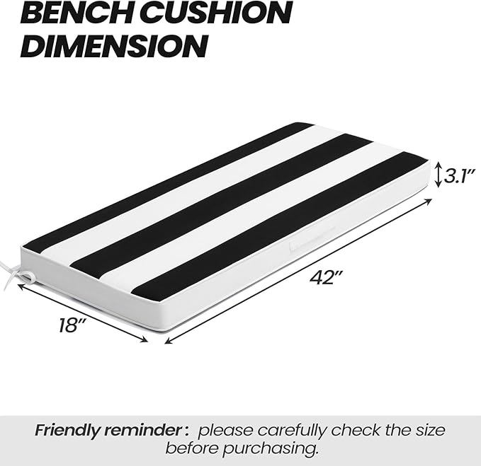 Crestlive Products Outdoor Bench Cushion 42 x 18 Inch, Waterproof Patio Bench Cushions for Outdoor Furniture, Porch Swing Replacement Pad with 30D Foam, Adjustable Straps, Black White Stripe