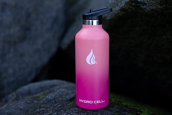 HYDRO CELL Stainless Steel Water Bottle with Straw & 2 Standard Mouth Lids (32oz 24oz 20oz 16oz) Keeps Liquids Hot or Cold w/Double Wall Vacuum Insulated Leak Proof Sport Design (Coral/Punch 32oz)