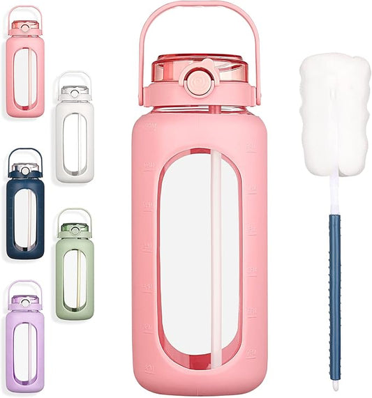 BLUEGO 64oz Glass Water Bottles with Straw Time Marker Half Gallon Large Motivational Water Bottle with Silicone Sleeve 2 Liter Large Glass Water Jug for Gym, Sports& Workout, Daily, Pink