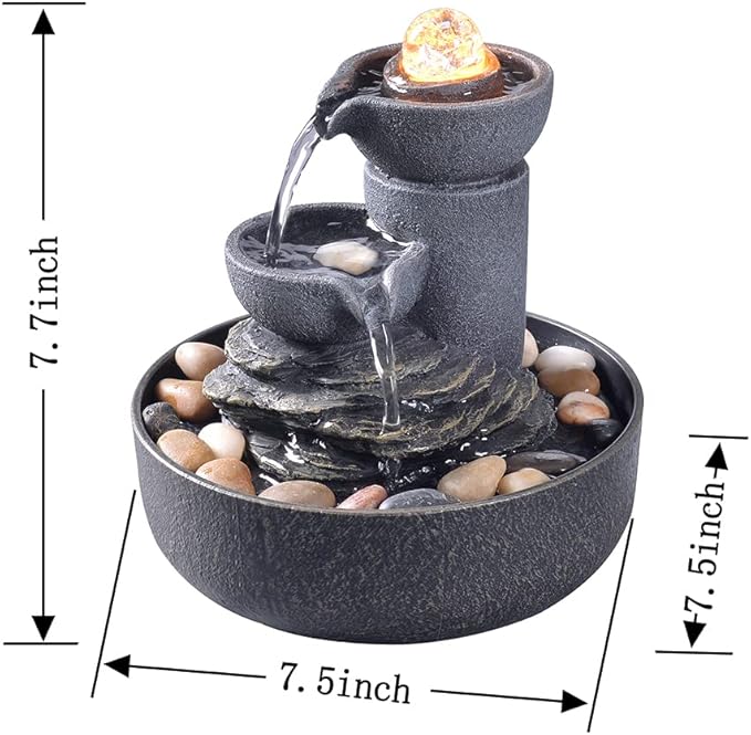 GOSSI Tabletop Fountain Indoor Fountain 2-Tiered Water Meditation Decorative Waterfall w/LED/Cobblestone/Glass Rolling Ball Soothing Sounds for Office and Home