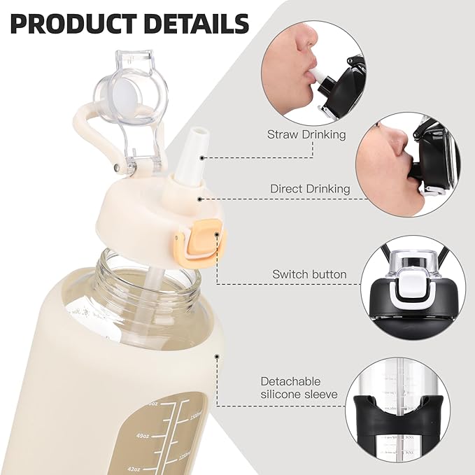 64 oz Glass Water Bolttles with Straw Half Gallon Large Motivational Water Bottle with Time Marker Sports Water Bottles with Silicone Sleeve and Handle Lid Water Jug for Gym Workout