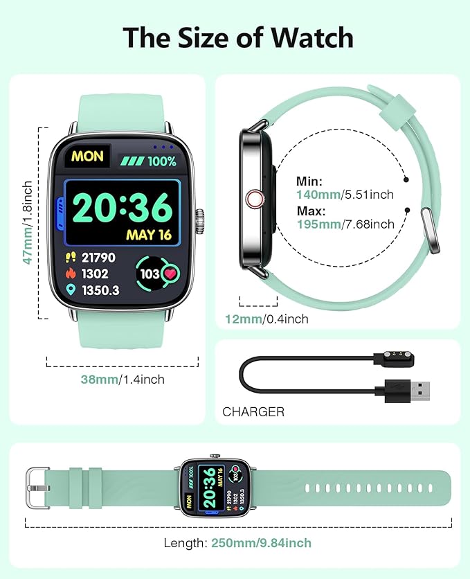 2025 Smart Watches for Men Women, 1.85" AI Voice Smartwatch, 24/7 Heart Rate Monitor, Stress/SpO2/Sleep Tracker, IP68 Waterproof, Weather, 100+ Sports Fitness Tracker for Android iOS Green