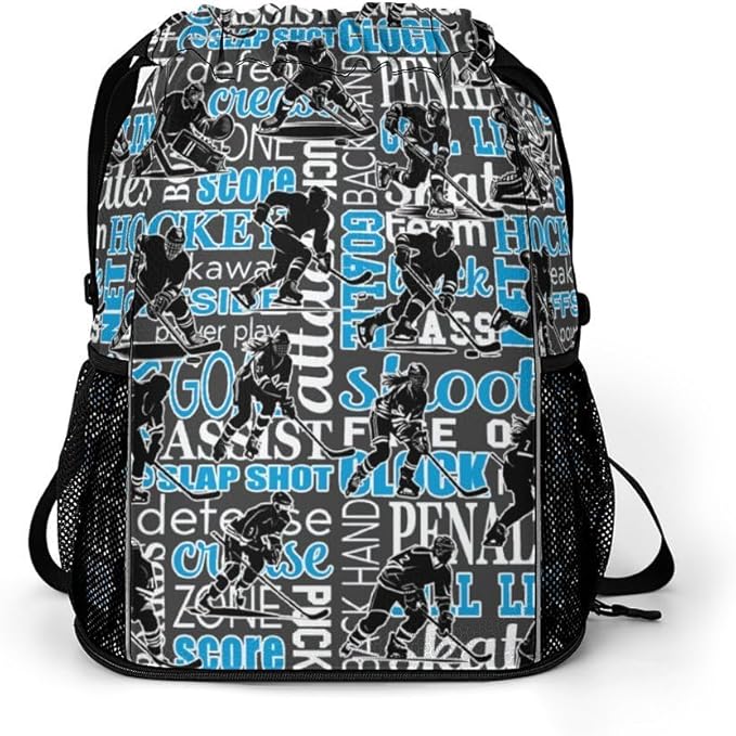 Hockey Drawstring Backpack - Cool Cinch Sack, String Backpacks with Pocket for Kids Women Men Boys Girls for Gym Outdoor Sports Travel Athletic Drawstring Bag - Lightweight/Foldable