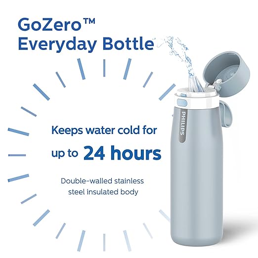 PHILIPS Water Bottle with Filter, Filter Water Bottle Stainless Steel with GoZero Everyday BPA-Free Tap Water Filter, Water Filter Bottle Keep Drink Cold 24 Hours, 3 Filters for 120 gal / 6 Months