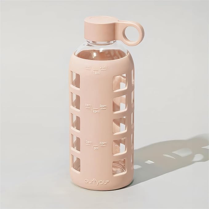 purifyou 40oz / 32oz / 22oz / 12oz Borosilicate Glass Water Bottle with Time & Volume Markers, Silicone Sleeve, Stainless Steel Lid | Reusable Glass Bottle for Water & Juice (22oz Hazelnut)