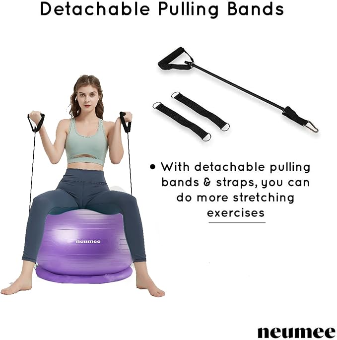 Exercise Ball Chair with Resistance Bands, Yoga Ball Office Chair with Stability Base for Home Gym, Workout Ball for Fitness, Large Size 65 cm