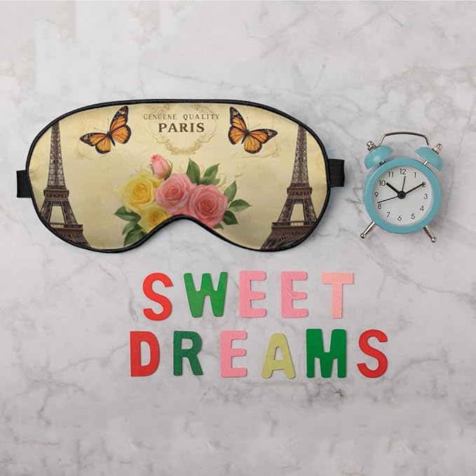 Eiffel Tower Eye Mask Sleeping Mask Vintage Paris Postcard Flower Butterfly Sleep Masks Silky Soft Eye Cover for Women Men Shading Blindfold for Air Travel Sleeping