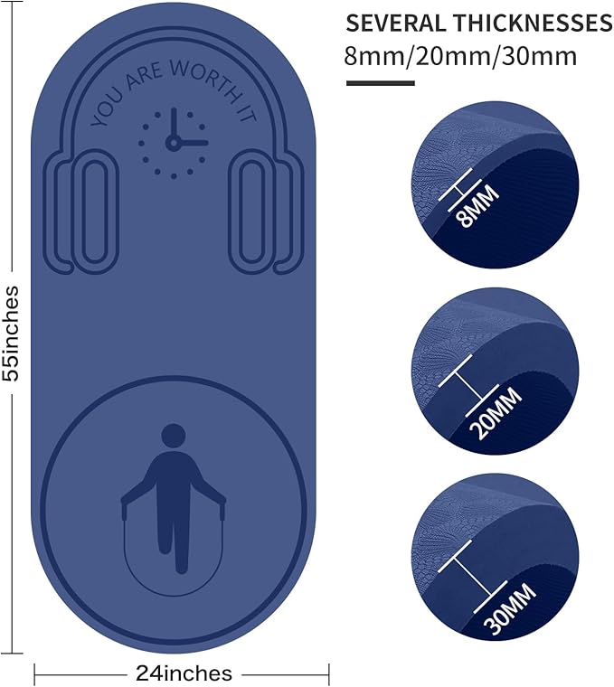 8/20/30mm Jump Rope Mat Fitness Exercise Mat Durable, Non-Slip, Workout Mats with Jump Rope & Carrying Bag for Home Gym Flooring (55"x 24")