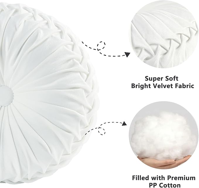 HIG Set of 2 Decorative Round Pleated Throw Pillows, Classy Accent Pumpkin Throw Pillows with Center Button, Vintage Velvet Floor Pillows for Sofa Vanity Chair Bed, White, 14.5" Diameter(Ripple)